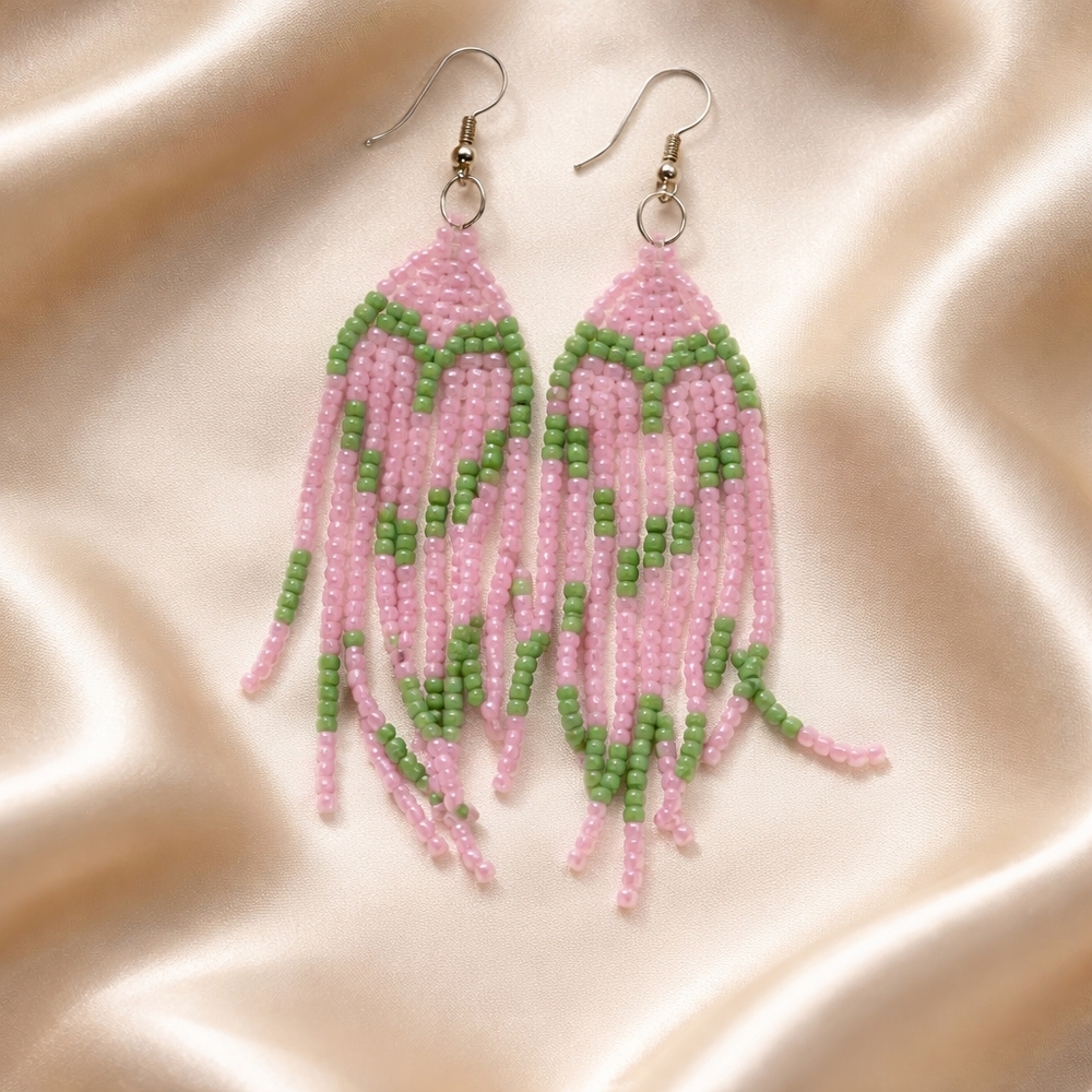 Hidden Heart Seed Bead Fringe Earrings Pink & Green Beaded Dangle Earrings Boho